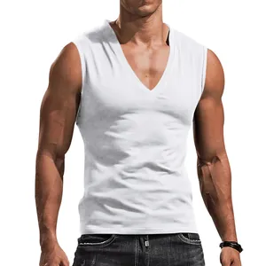 Detailed view of a white V-neck sleeveless tank top on a muscular male model