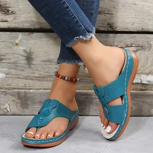 Stylish blue wedge thong sandals for women featuring platform sole and decorative stitching
