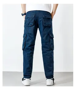 Back view of navy blue men's loose straight cargo pants with functional large pockets