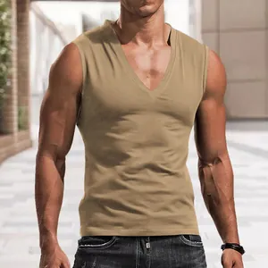Detailed view of a men's casual V-neck sleeveless tank top in a khaki solid color finish.
