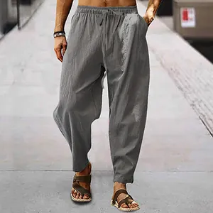 Lockere graue Herren-Freizeithose aus Baumwolle und Leinen mit Kordelzug und Taschen
