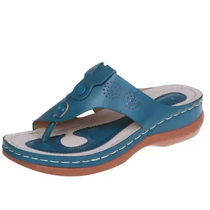 Stylish teal blue wedge thong sandal with white stitching detail and comfortable thick sole