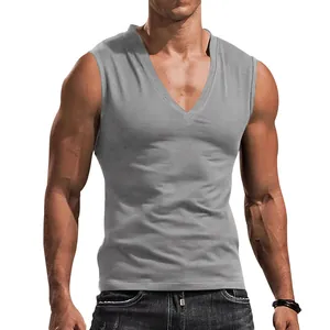 Detailed view of men's grey sleeveless V-neck tank top with breathable summer fabric