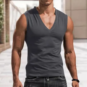 Detailed close-up shot of dark grey slim fit V-neck sleeveless tank top for active men