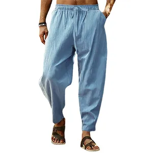 Herren Casual Atmungsaktiv Polyester Leinen Optik Hose Elastischer Bund Kordelzug Locker Hip Hop Sportliche Gerade Hose