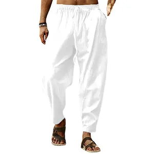 Bequeme weiße Baumwoll-Leinen-Freizeithose für Herren mit Kordelzug und Sommer-Stil
