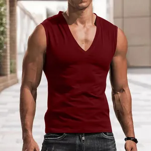Detailed view of dark red men's V-neck sleeveless vest in soft breathable fabric