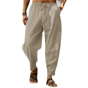 Bequeme khakifarbene Herrenhose aus Baumwollleinen, locker geschnitten mit Kordelzugband