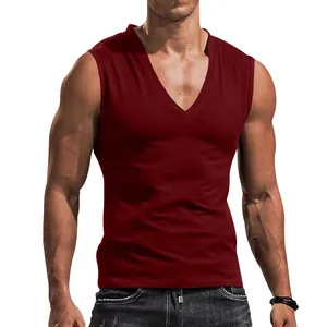 Close-up detail of a dark red V-neck sleeveless tank top for men