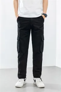 Men's loose straight-leg cargo pants in black with functional large side pockets