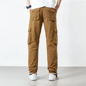 Men's loose straight-leg cargo pants featuring functional large pockets in a khaki finish