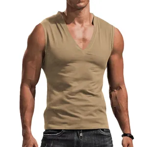 Men's slim fit khaki V-neck sleeveless tank top, breathable cotton casual undershirt.