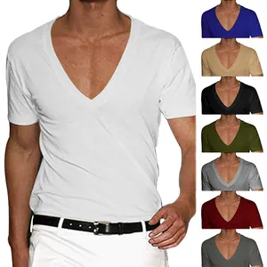 Men Casual V Neck Short Sleeve T-Shirt Solid Color Slim Fit Polyester Summer Top Plus Size Basic Tee