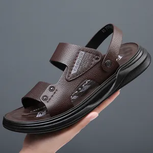 Sandali da Uomo in Pelle di Vacchetta Primo Strato Estivi Suola Morbida Scarpe da Spiaggia Casual Pantofole Antiscivolo a Doppio Uso
