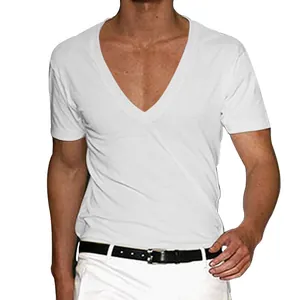 Men's deep V-neck slim fit white short sleeve t-shirt casual summer top garment