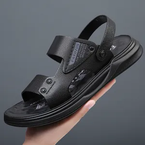 Sandali da uomo in vera pelle nera con suola spessa e design a doppia vestibilità