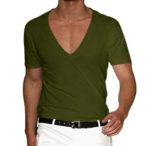 Detailed view of a slim fit men's deep V-neck short sleeve T-shirt in solid olive green color