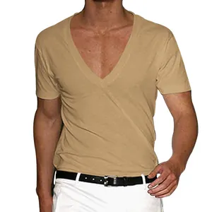 Khaki deep V-neck solid color short sleeve T-shirt for men, casual slim fit top