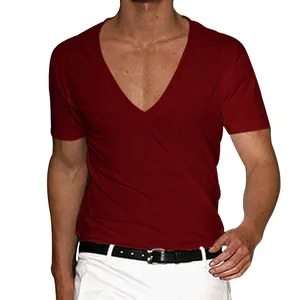 Detail of red deep V-neck men's short sleeve casual T-shirt in solid color