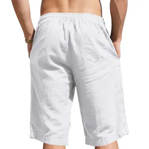 Back view detail of white linen men's casual shorts showing fabric texture and pocket