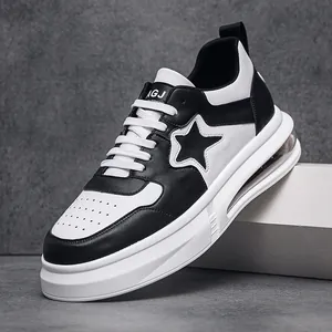 2024 New Men Fashion Air Cushion Board Shoes Black White Color Blocking Microfiber Leather Star Sneakers Casual Daily Shoes