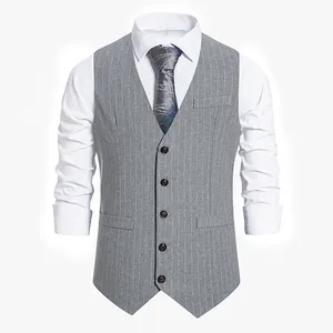 Close-up of a grey pinstriped single-breasted men's waistcoat with a vintage design.