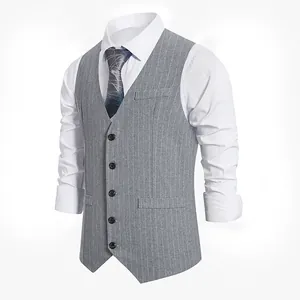 Macro view of grey pinstripe men's suit vest with single-breasted five-button design