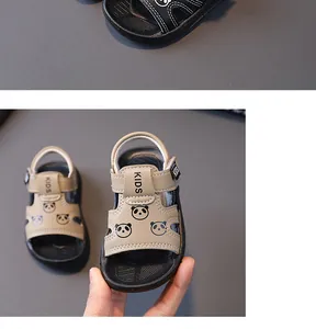 Detail view of toddler beach sandals with cute panda pattern and soft non-slip sole
