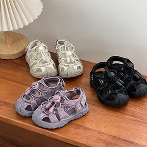 Detail showing breathable hollow-out sports sandals for kids in three trendy colors