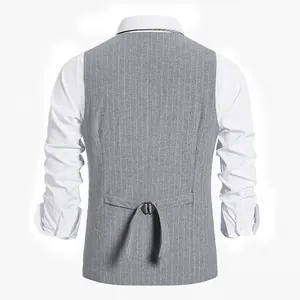 Detailed back view of a grey pinstriped men's suit vest featuring an adjustable buckle strap