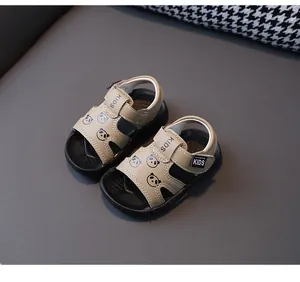 Beige toddler sandals featuring cute cartoon panda patterns and non-slip soft soles