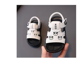 Cute panda print white toddler sandals with adjustable velcro straps and soft soles