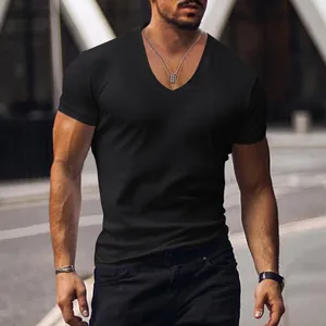 T-shirt noir à col en V pour homme, coupe ajustée, style décontracté pour l'été
