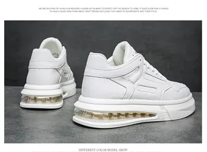Detailed view of premium white chunky sneakers with a transparent air cushion sole.