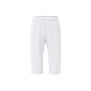 Front view detail of men's white linen cropped casual pants with adjustable drawstring waist