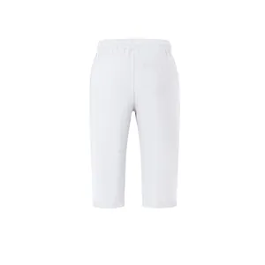 Detailed back view of men's white linen cropped casual pants with pocket and elastic waist