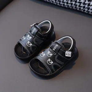 Cute black toddler beach sandals featuring panda pattern and soft non-slip sole