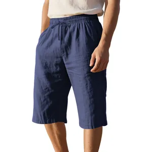 Close-up of blue linen casual shorts with drawstring waist and breathable fabric