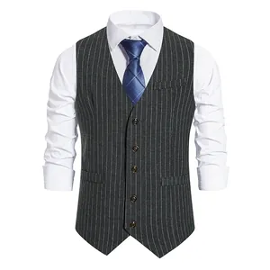 Detail of a dark grey men's pinstripe suit vest with a single-breasted five-button front