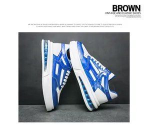 Detailed side view of blue and white fashion sneakers with visible air cushion