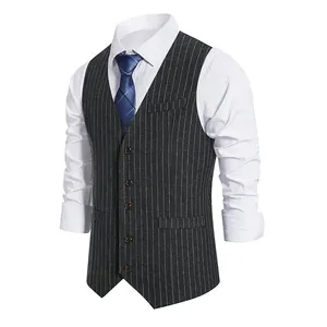 Detailed view of the dark grey pinstriped texture and buttons on the men's suit vest