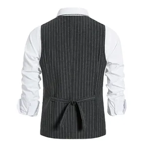 Detailed rear view of a dark grey pinstripe men's suit vest with adjustable back strap.