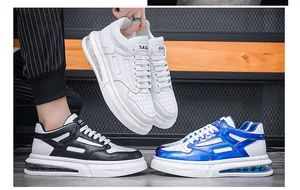 Detailed view of stylish men's air cushion sneakers in white, black, and blue colorways.