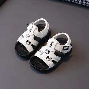 White toddler sandals featuring cute panda prints and non-slip soft black soles