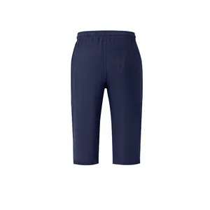 Detailed back view of navy blue breathable linen casual 3/4 cropped pants for men.