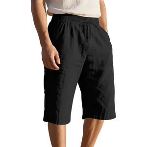 Men's casual black linen-look shorts with elastic drawstring waist and loose fit style