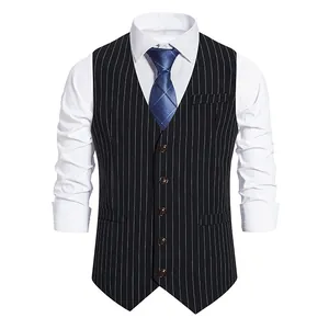 Classic black pinstripe single-breasted men's suit vest with 5 buttons