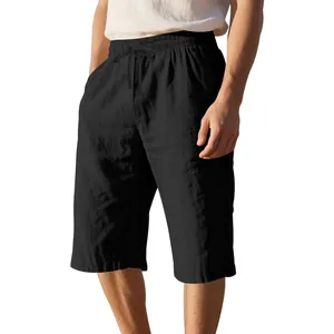 Close-up of black linen casual shorts for men with drawstring waist and relaxed fit