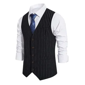 Detail shot of a black pinstripe single-breasted men's suit vest with v-neck design