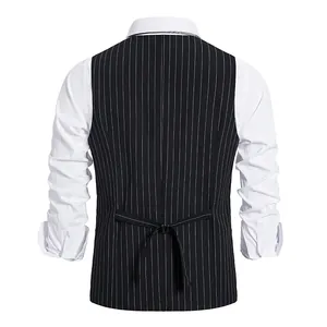 Back view of professional men's retro black pinstripe waistcoat featuring adjustable back strap detail